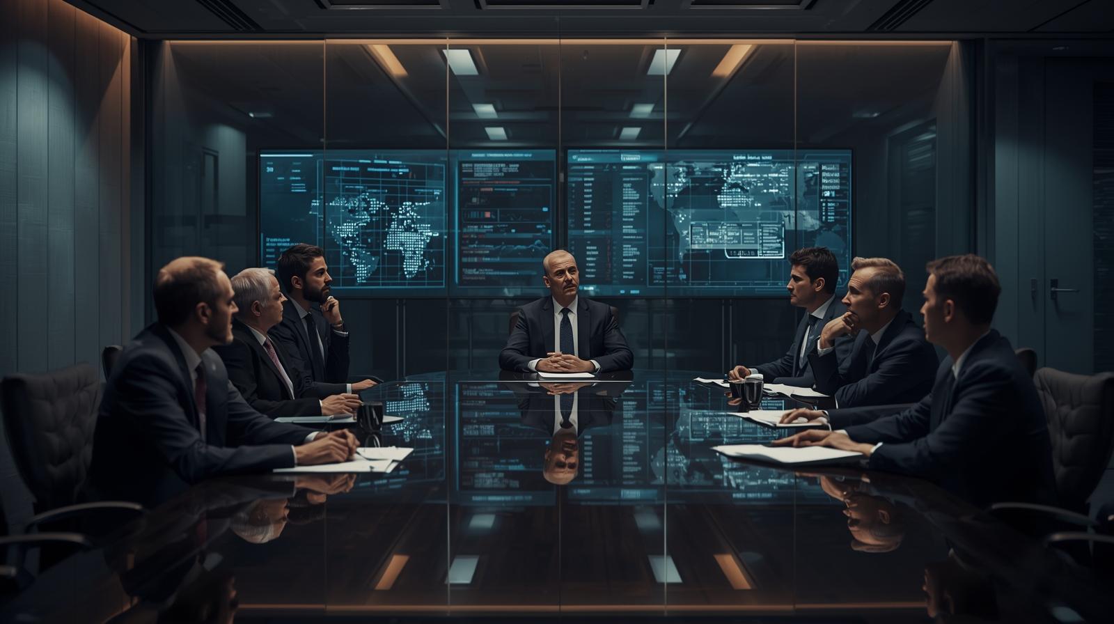 Men in suits sit around a conference table with world maps on screens.